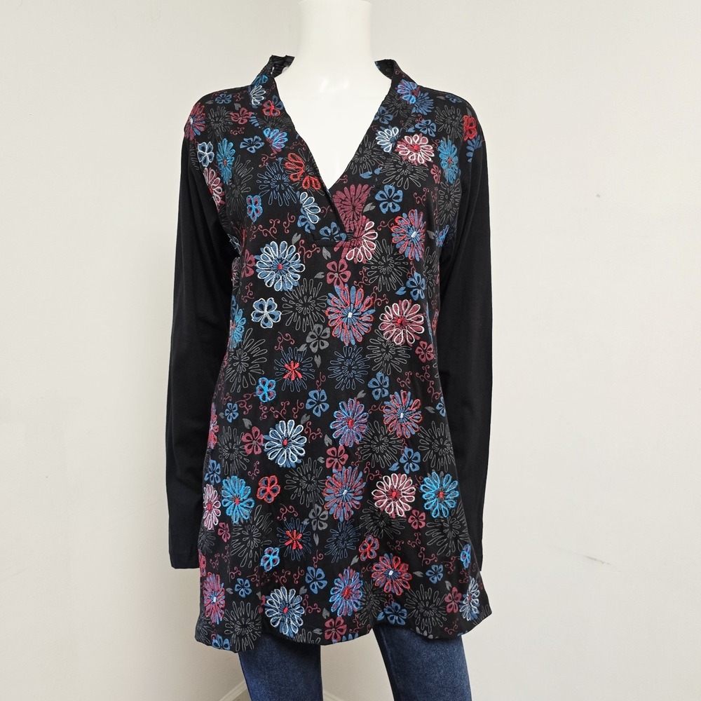 Aller Simplement Tunic Top Size XL Embroidered Floral Long Sleeve Artsy Bohemian